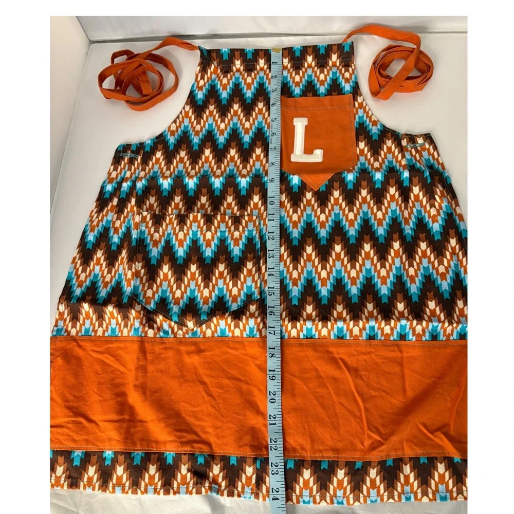 Handmade Kids Apron Initial L Brown Blue Orange Chevron Pattern Crafting Cooking